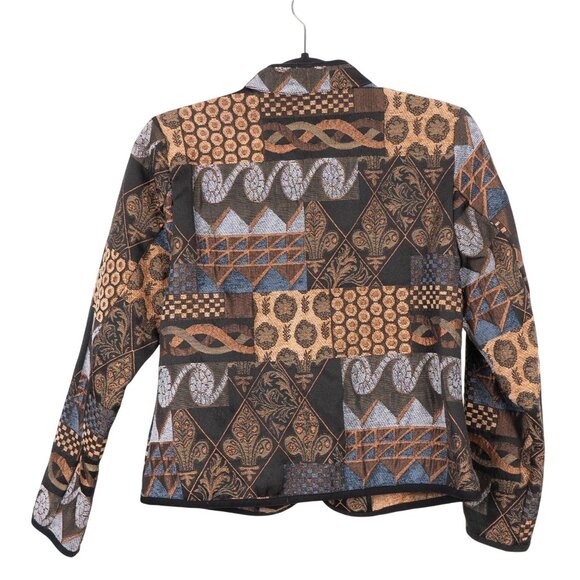 Molly & Maxx Tapestry Blazer Jacket Petite PS Womens Patchwork Brown Blue Zip - Picture 7 of 7